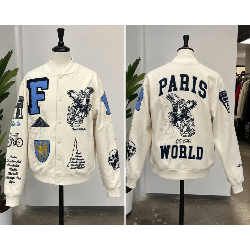 CNCPT Studio Paris To The World Varsity Jacket Cream Graphic Y2K M